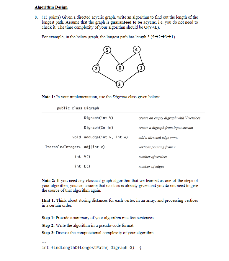 Algorithm Design 8. (15 points) Given a directed | Chegg.com