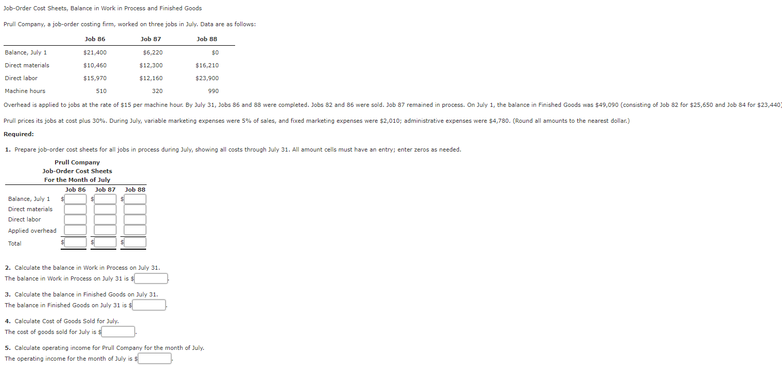 Solved Job-Order Cost Sheets, Balance in Work in Process and | Chegg.com