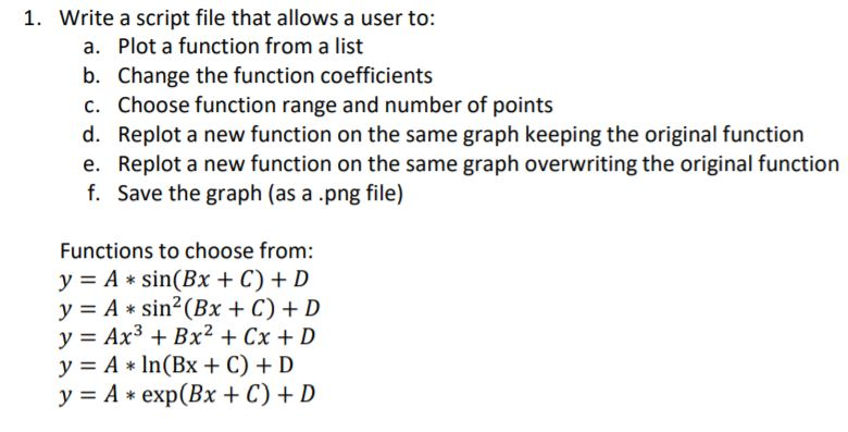 Solved 1. Write a script file that allows a user to: a. Plot | Chegg.com