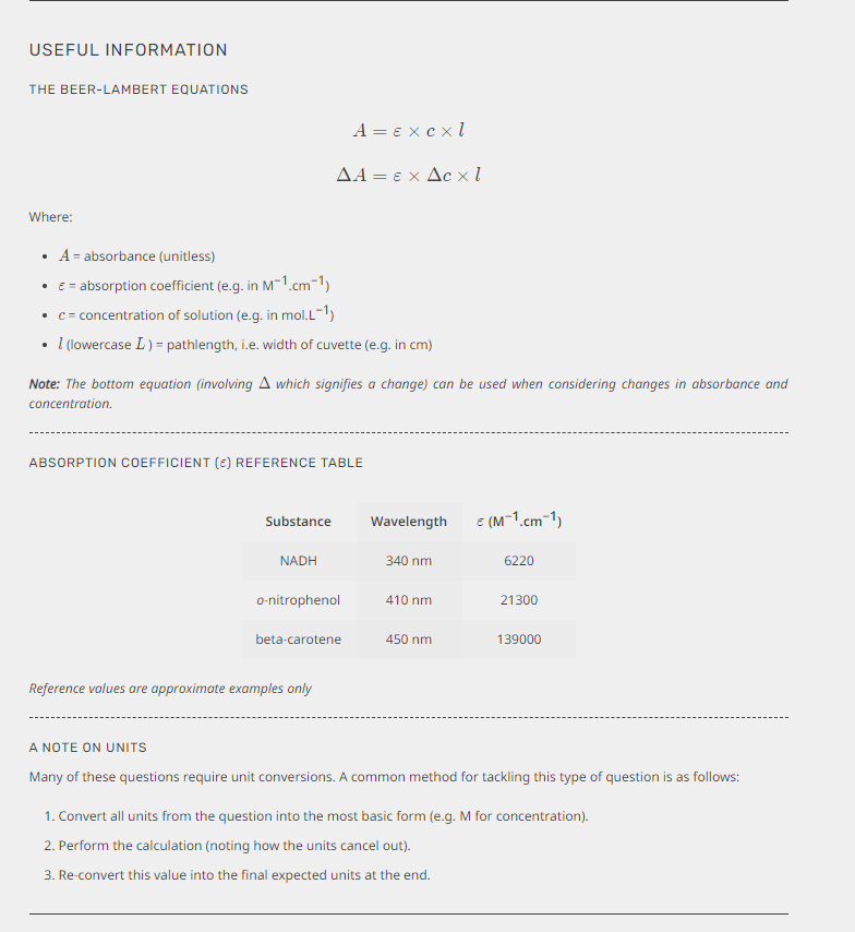 Solved USEFUL INFORMATION THE BEER-LAMBERT EQUATIONS A = | Chegg.com