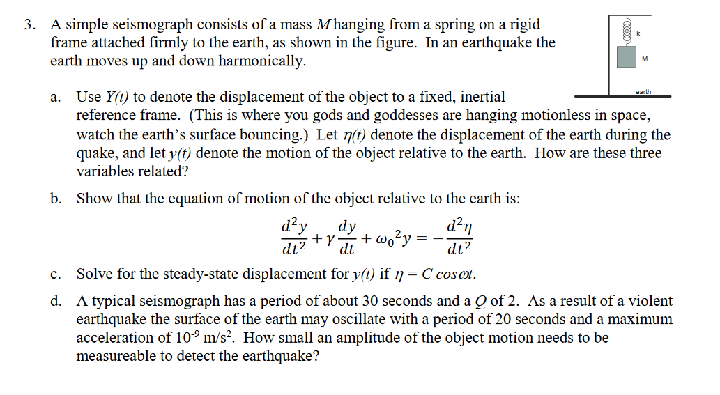 3. A simple seismograph consists of a mass M hanging | Chegg.com