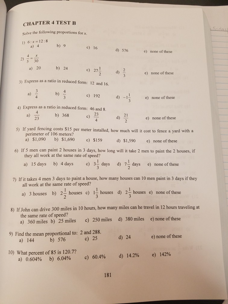 Solved CHAPTER 4 TEST B Solve The Following Proportions For | Chegg.com