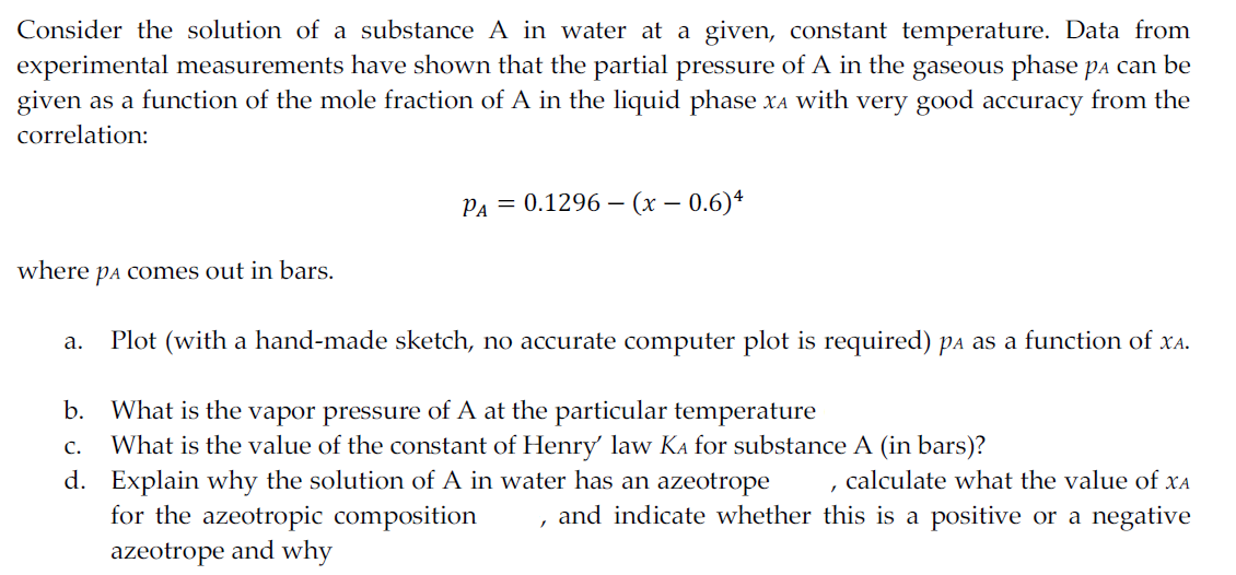 Consider the solution of a substance A in water at a | Chegg.com