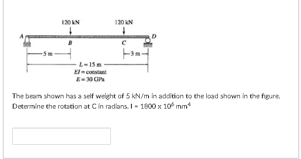 Solved 120 kN + 120 KN + с D B 5 m 3 m L = 15 m ET=constant | Chegg.com