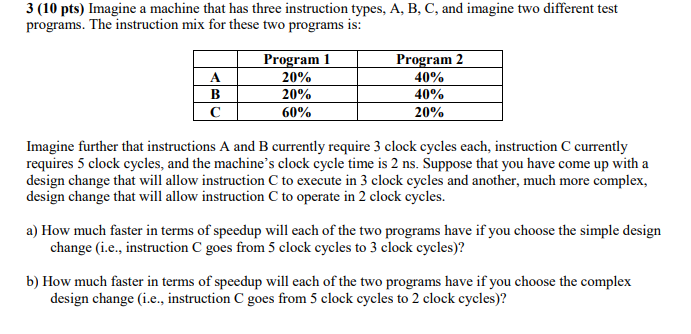 3 (10 pts) Imagine a machine that has three instruction types, A, B, C, and imagine two different test programs. The instruct