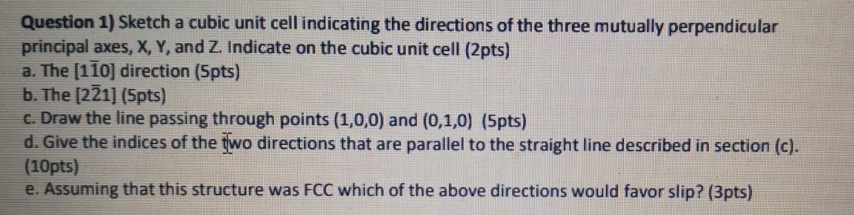 Solved Question 1) Sketch a cubic unit cell indicating the | Chegg.com