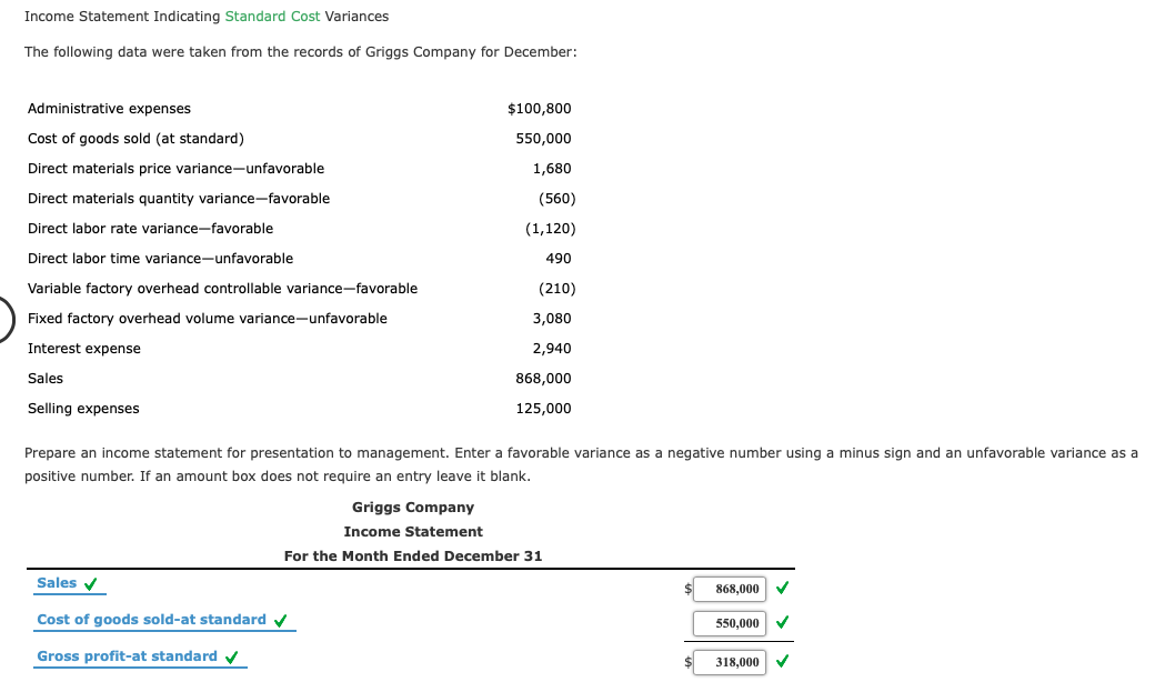 Solved Income Statement Indicating Standard Cost Variances | Chegg.com