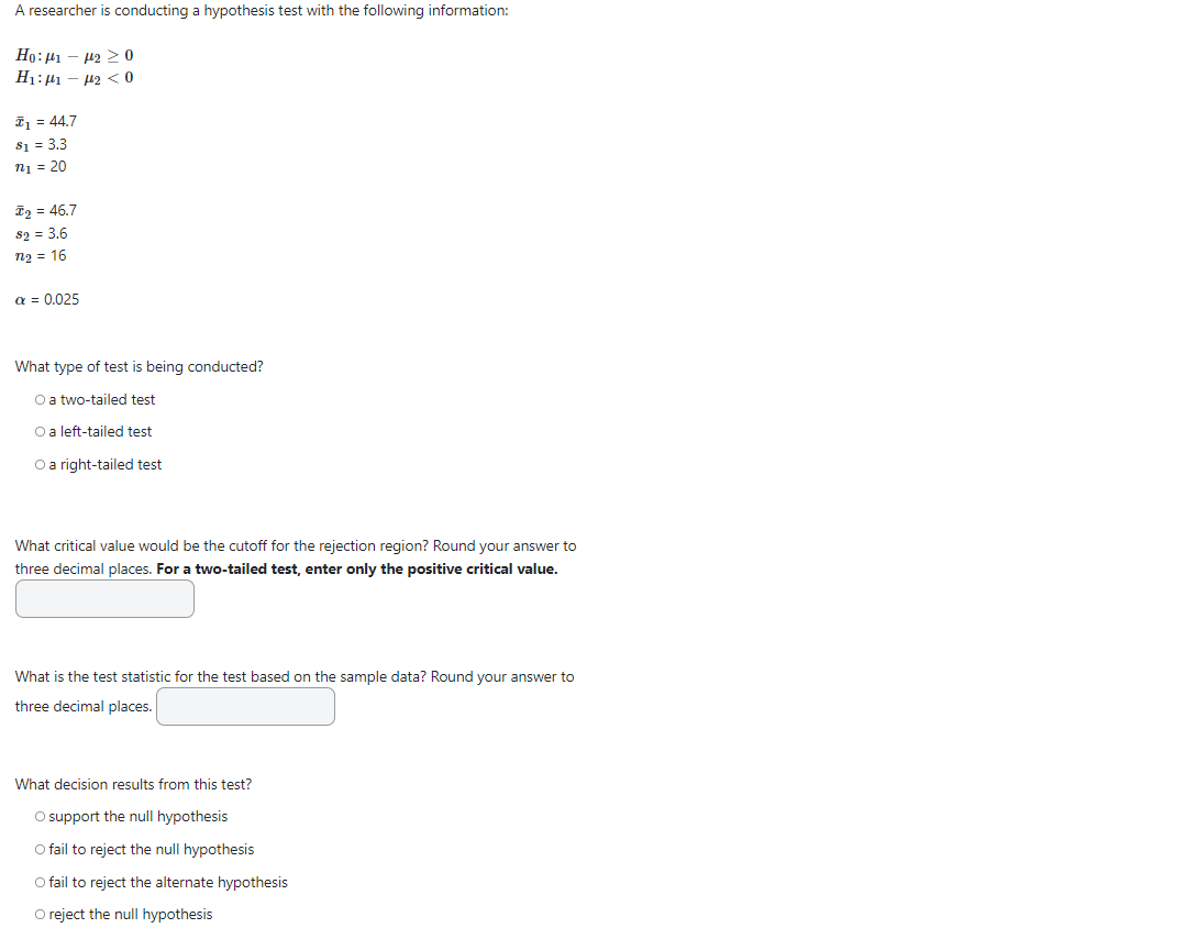 Solved A researcher is conducting a hypothesis test with the | Chegg.com