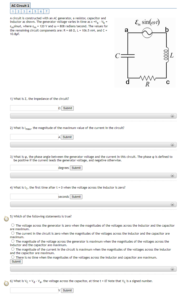 Solved AC Circuit 1 1 2 3 4 5 6 7 A circuit is constructed | Chegg.com