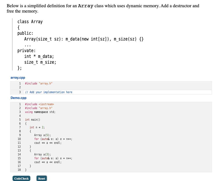 Solved Below is a simplified definition for an Array class | Chegg.com