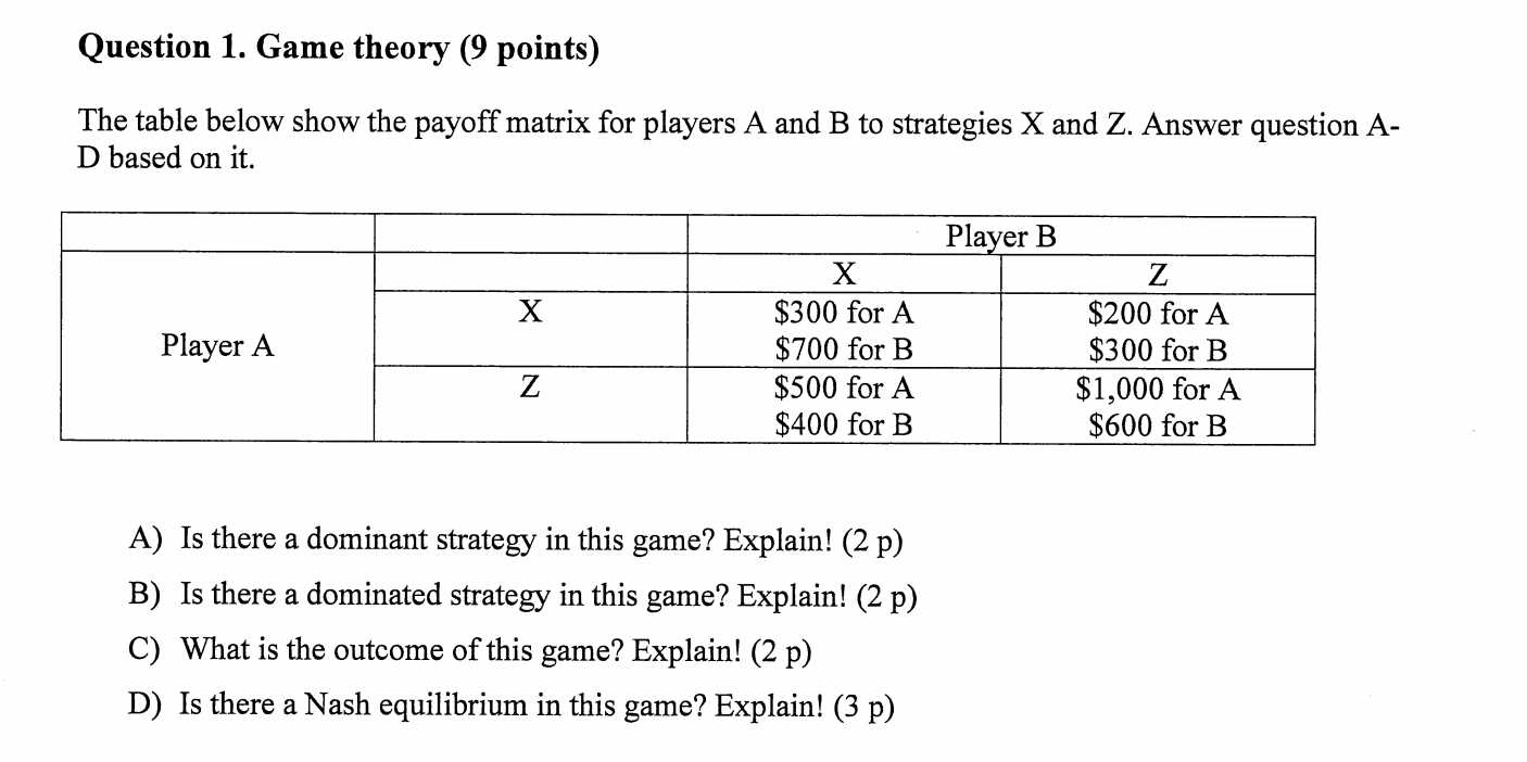 Solved Question 1. Game Theory (9 Points) The Table Below | Chegg.com