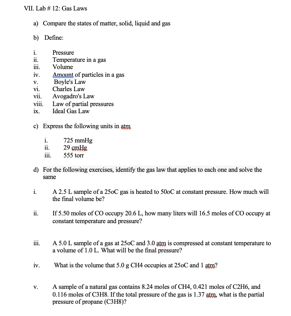 Solved VII. Lab 12 Gas Laws a) Compare the states of