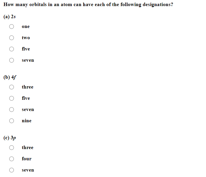 Solved How many orbitals in an atom can have each of the | Chegg.com