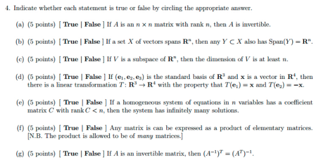 Solved 4. Indicate whether each statement is true or false | Chegg.com