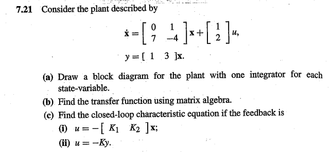 Solved 7.21 Consider the plant described by i-[; -* }*+[ ; | Chegg.com