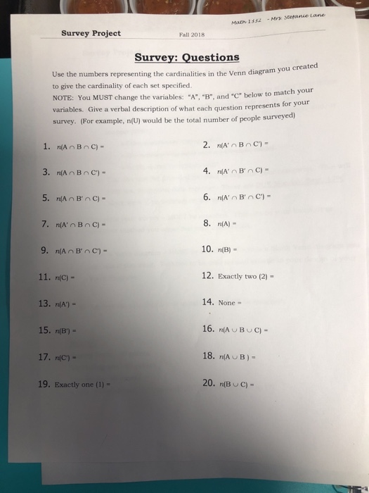 Solved Math 1352Mrs Stefeeie Lane Survey Project Fall 2018 | Chegg.com
