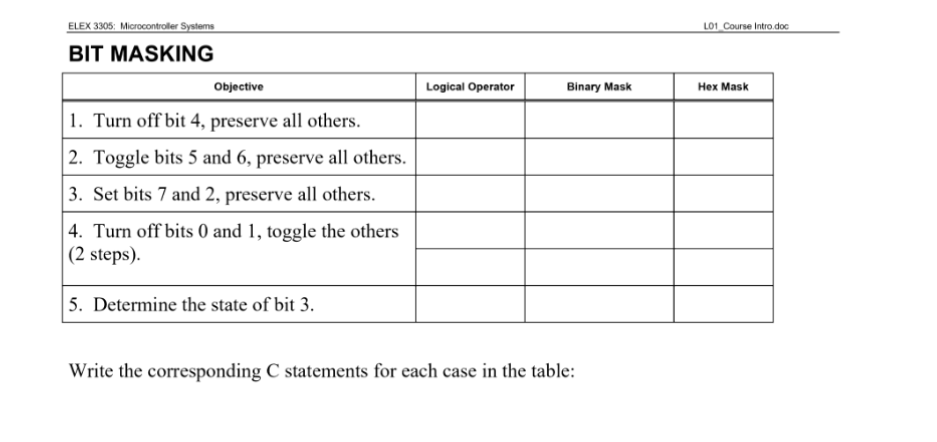 Solved L01 Course Intro.doc ELEX 3305: Microcontroller | Chegg.com