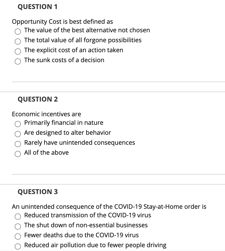 Solved QUESTION 1 Opportunity Cost is best defined as The | Chegg.com
