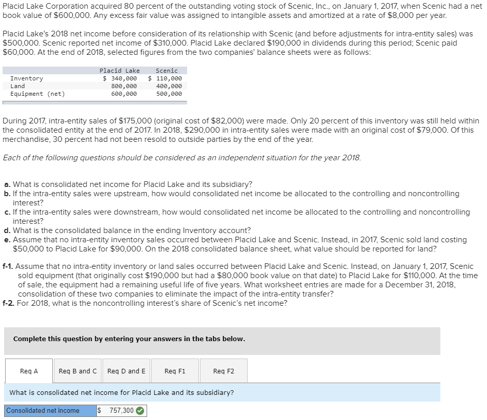 Solved Placid Lake Corporation Acquired 80 Percent Of The | Chegg.com