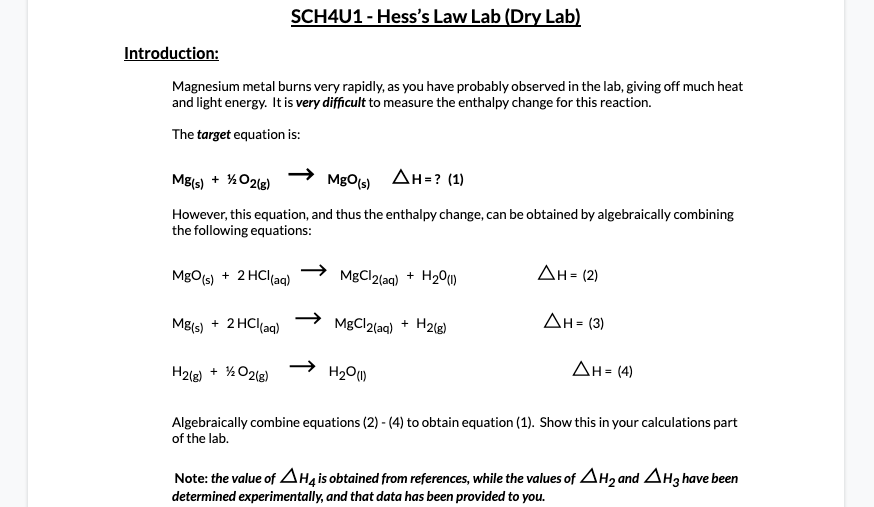 Solved SCH4U1 - Hess's Law Lab (Dry Lab) Introduction: | Chegg.com