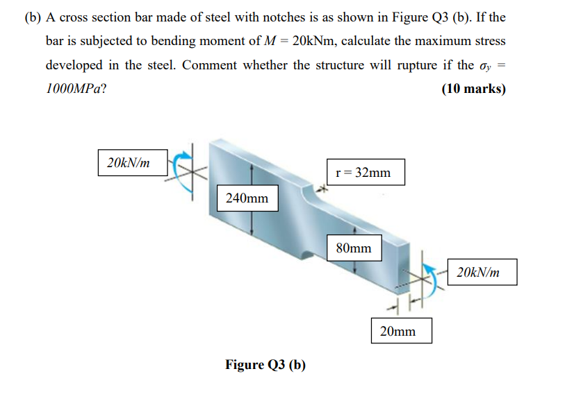 (b) A cross section bar made of steel with notches is as shown in Figure Q3 (b). If the
bar is subjected to bending moment of