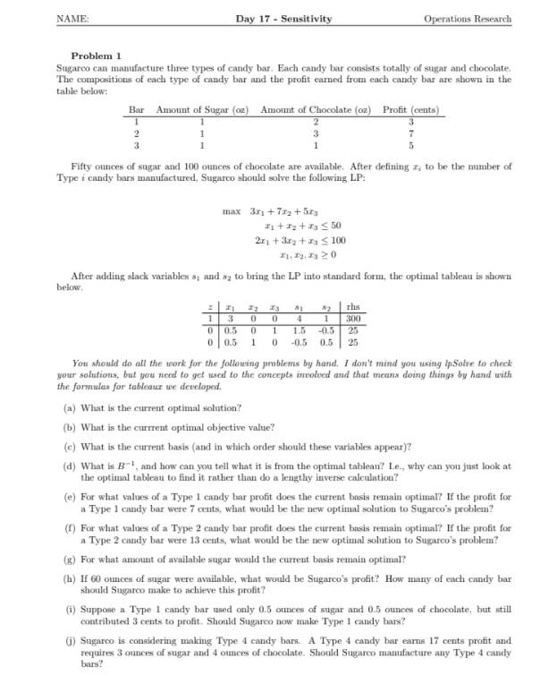 Solved NAME: Day 17 - Sensitivity Operations Research | Chegg.com