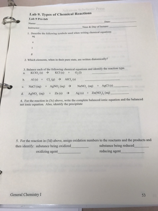 Solved Sc Lab 9. Types of Chemical Reactions Lab 9 Prelab
