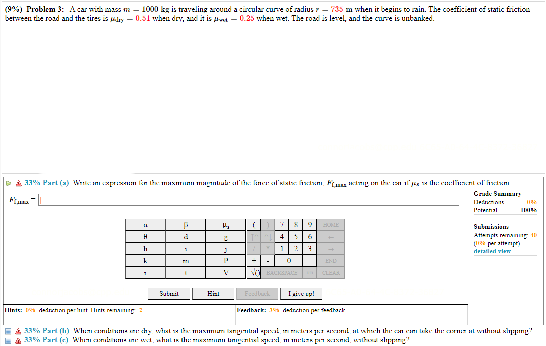 Solved (9\%) Problem 3: A car with mass m=1000 kg is | Chegg.com