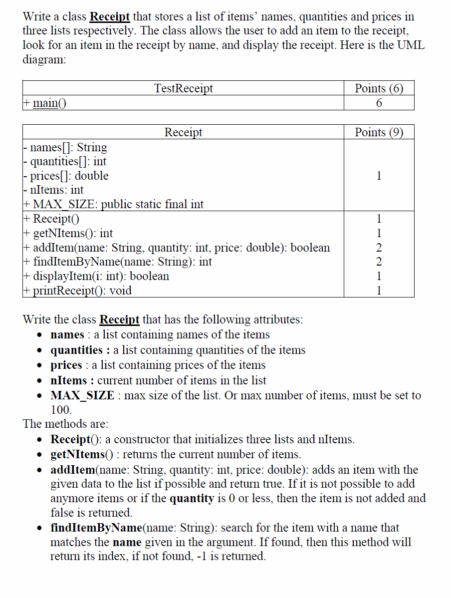 Solved Write a class Receipt that stores a list of items' | Chegg.com