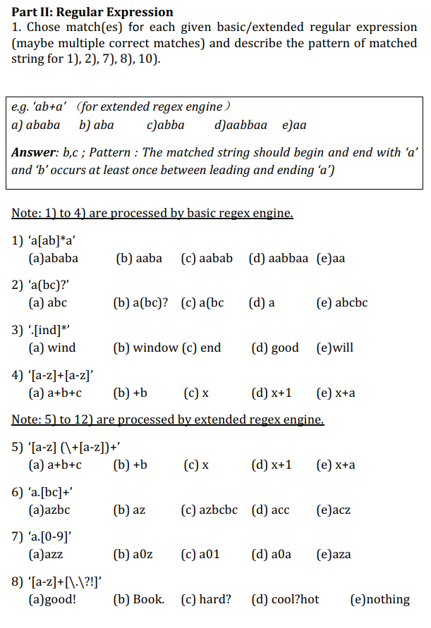 Solved Part II: Regular Expression 1. Chose match(es) for | Chegg.com