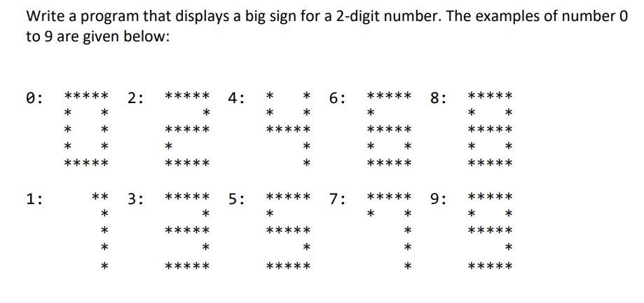 Solved Write a program that displays a big sign for a | Chegg.com