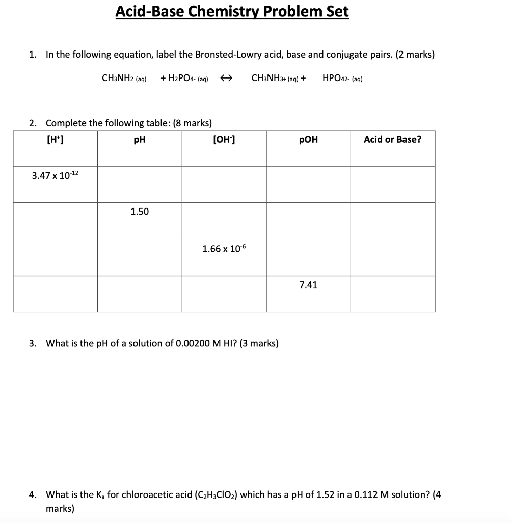 Solved Acid-Base Chemistry Problem Set 1. In the following | Chegg.com