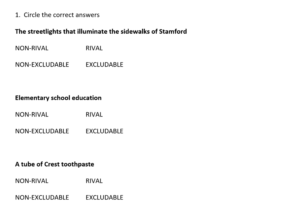 Solved Please Select Whether The Goods Below Are Non Rival Chegg Com