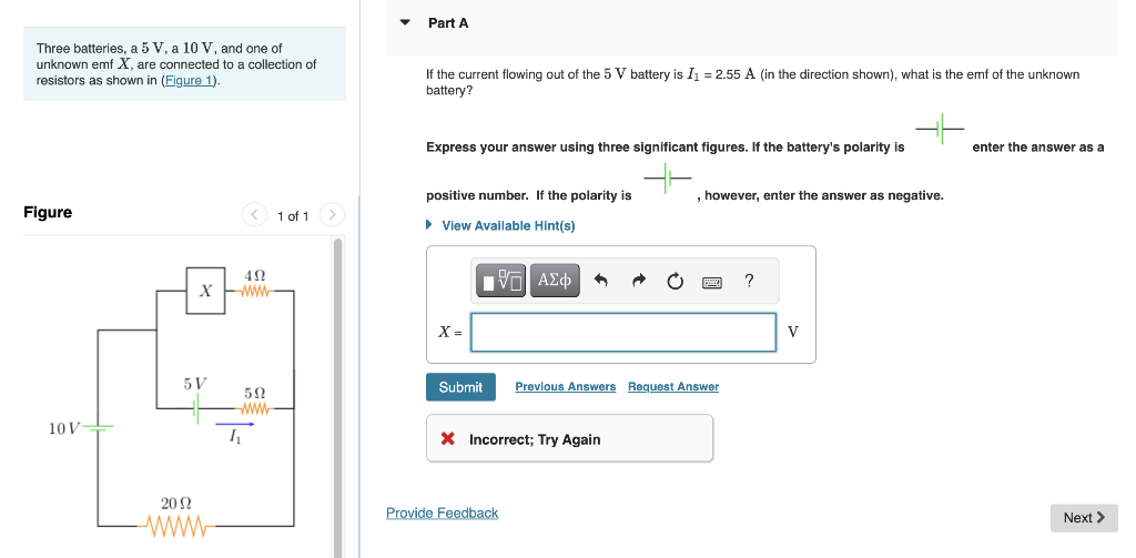 Solved Three Batteries, A 5 V, A 10 V, And One Of Unknown | Chegg.com
