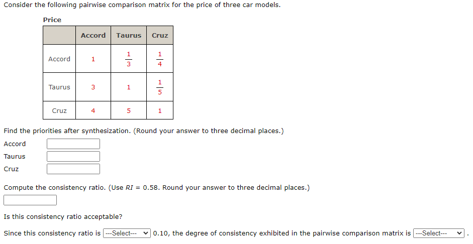 Solved Consider the following pairwise comparison matrix for | Chegg.com