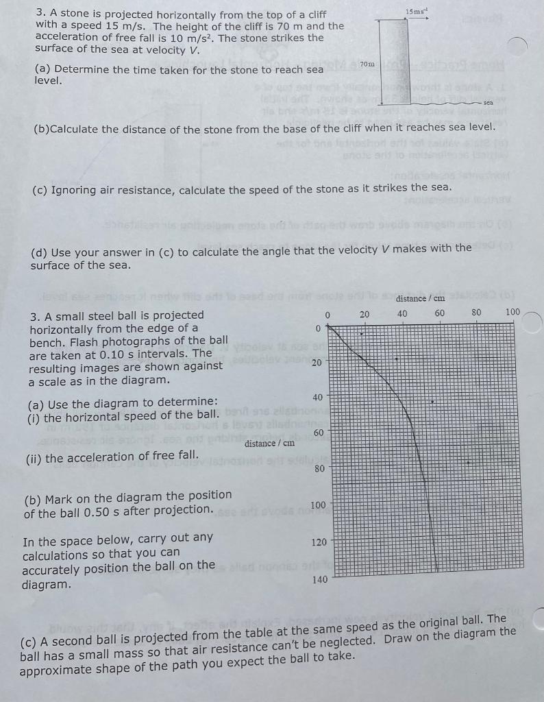 Solved 15ms 3. A stone is projected horizontally from the | Chegg.com