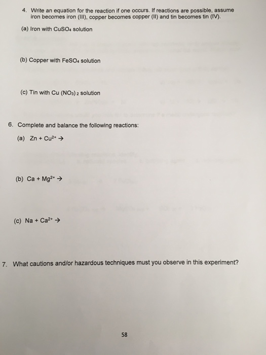 Solved Activity Series Lab Our Instructor May Ask You To | Chegg.com