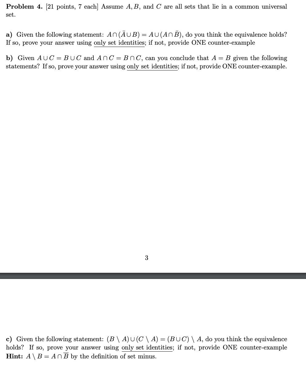 Solved Problem 4. [21 Points, 7 Each] Assume A,B, And C Are | Chegg.com