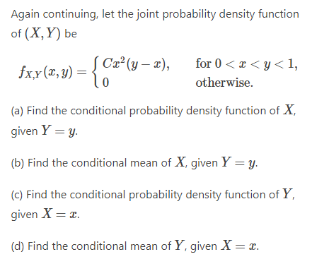 Solved Again continuing, let the joint probability density | Chegg.com image.