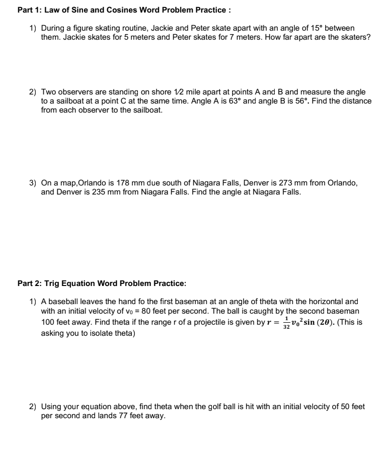 Law Of Sines And Cosines Word Problems Worksheet - Worksheets Printable ...