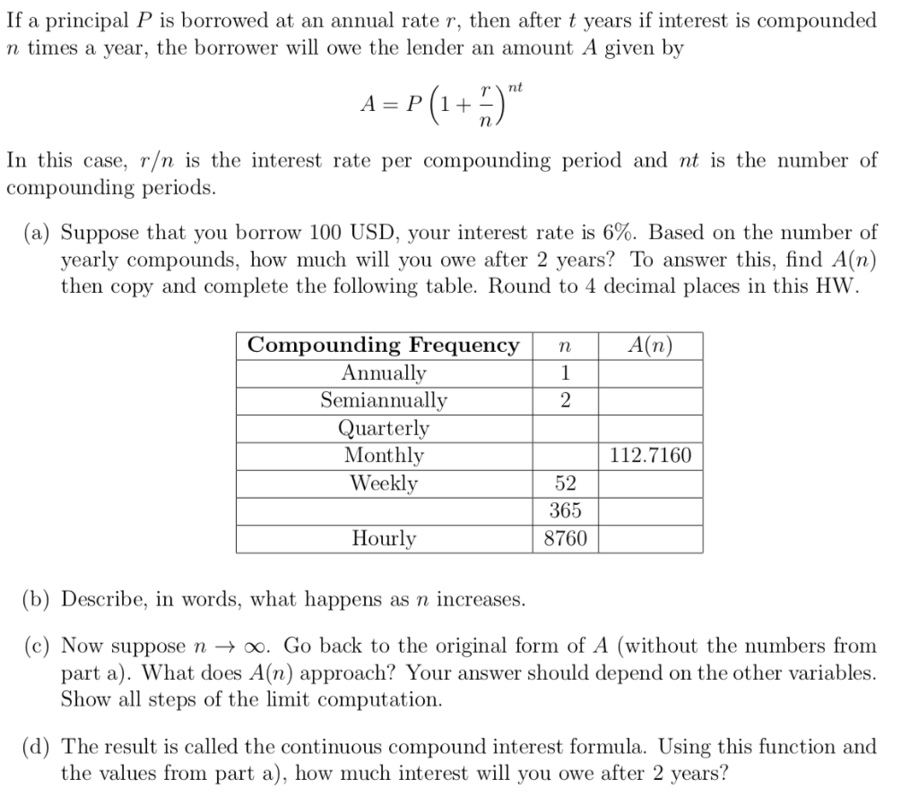 Solved If A Principal P Is Borrowed At An Annual Rate R Chegg Com