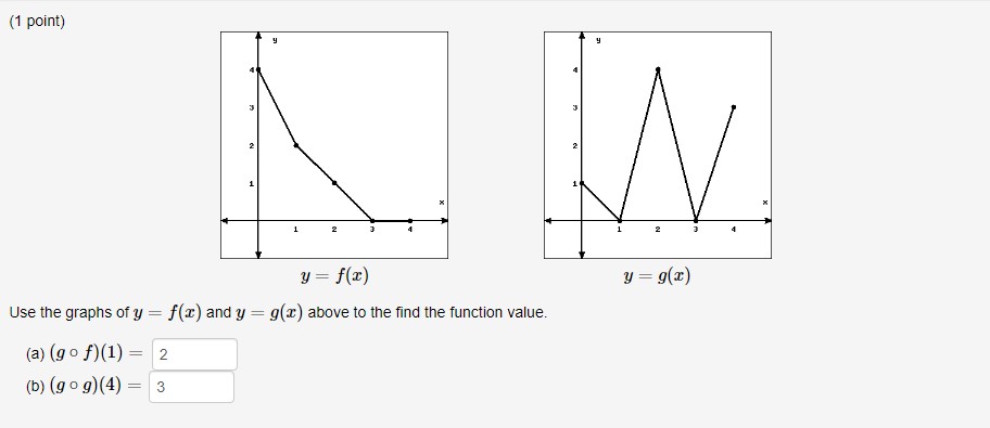 (1 point) \[ y=f(x) \] \[ y=g(x) \] Use the graphs of \( y=f(x) \) and \( y=g(x) \) above to the find the function value. (a)