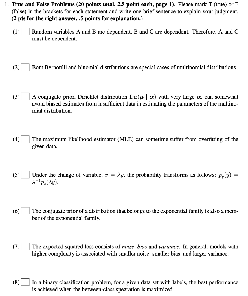 Solved 1. True and False Problems (20 points total, 2.5 | Chegg.com