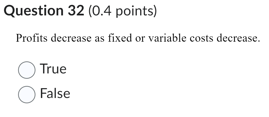 Solved Question 32 (0.4 points) Profits decrease as fixed or | Chegg.com