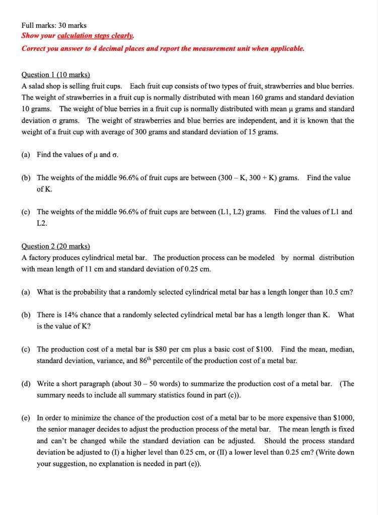 Solved Full marks: 30 marks Show your calculation steps | Chegg.com