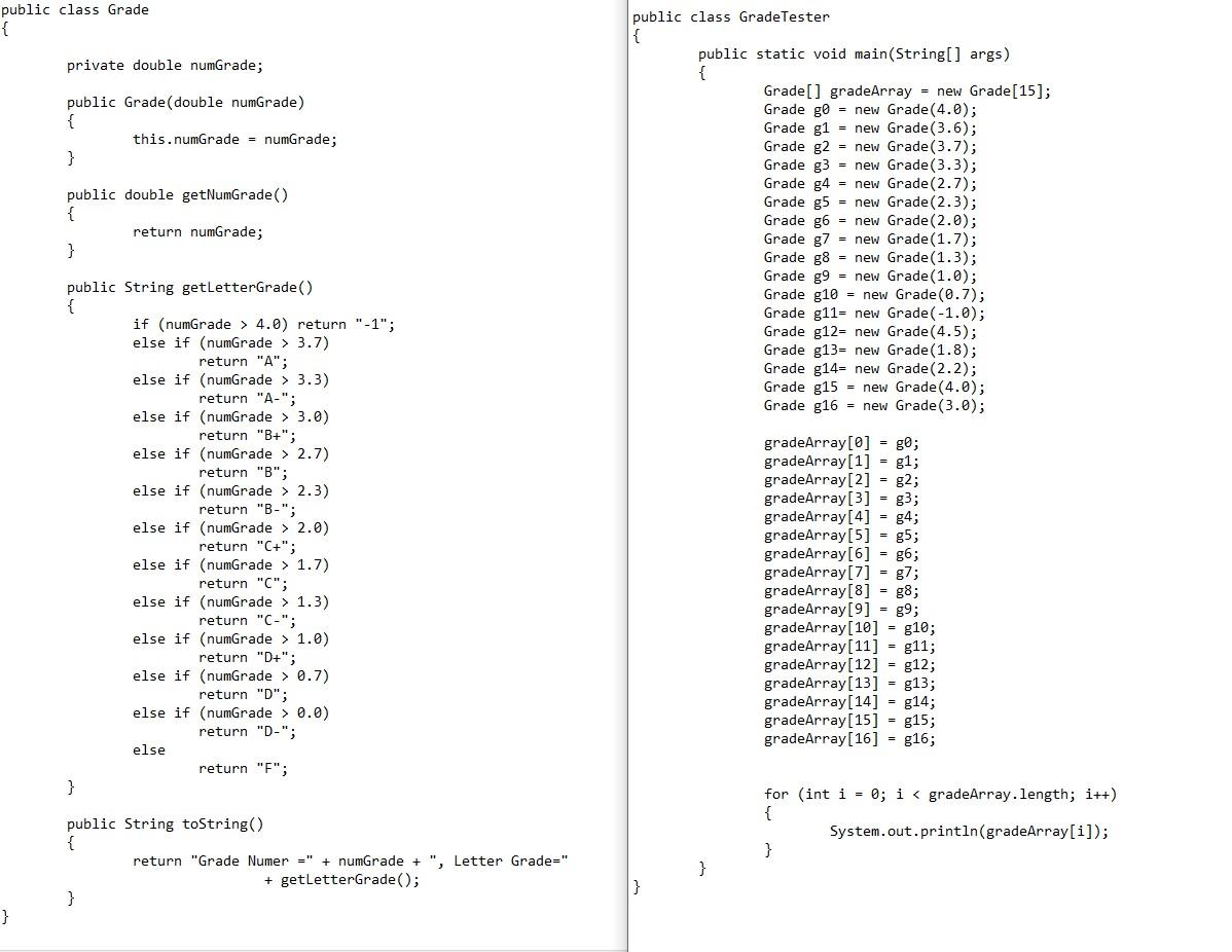 Solved Using the Grade and GradeTester class you are given, | Chegg.com
