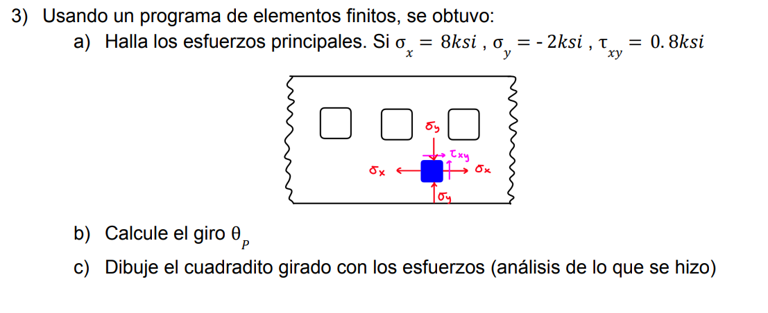 3) Usando un programa de elementos finitos, se obtuvo: a) Halla los esfuerzos principales. Si \( \sigma_{x}=8 k s i, \sigma_{