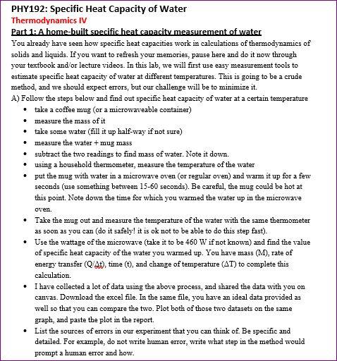 PHY192: Specific Heat Capacity of Water | Chegg.com