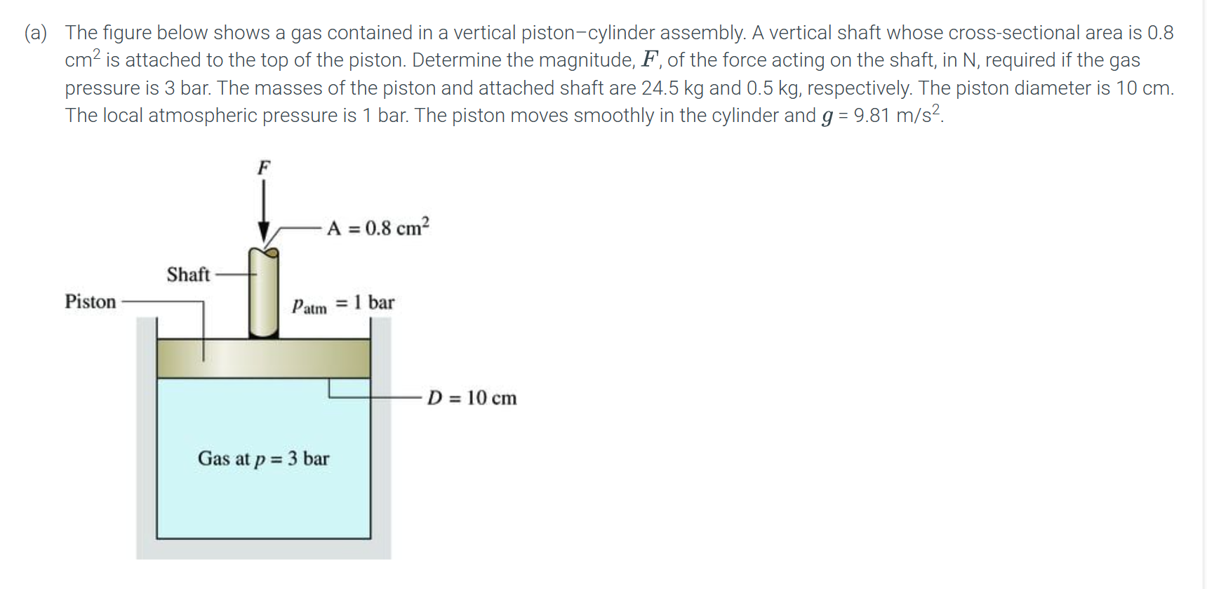 (a) The figure below shows a gas contained in a vertical piston-cylinder assembly. A vertical shaft whose cross-sectional are