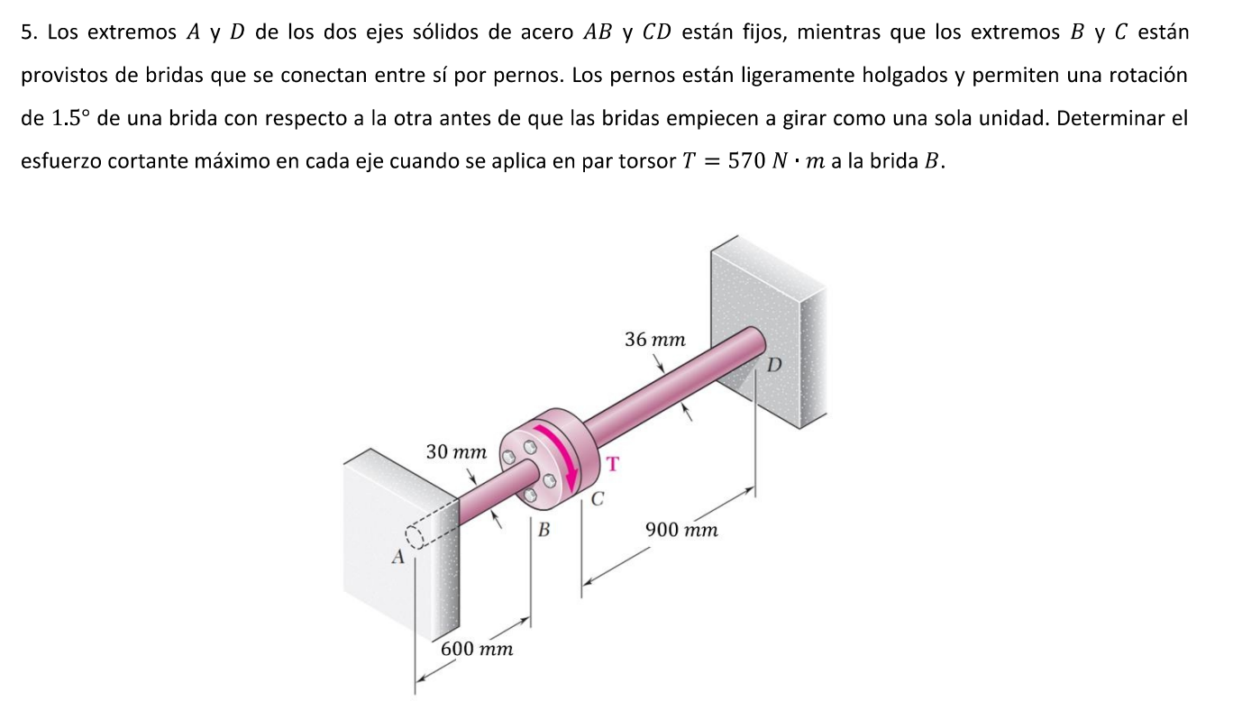 5. Los extremos \( A \) y \( D \) de los dos ejes sólidos de acero \( A B \) y \( C D \) están fijos, mientras que los extrem